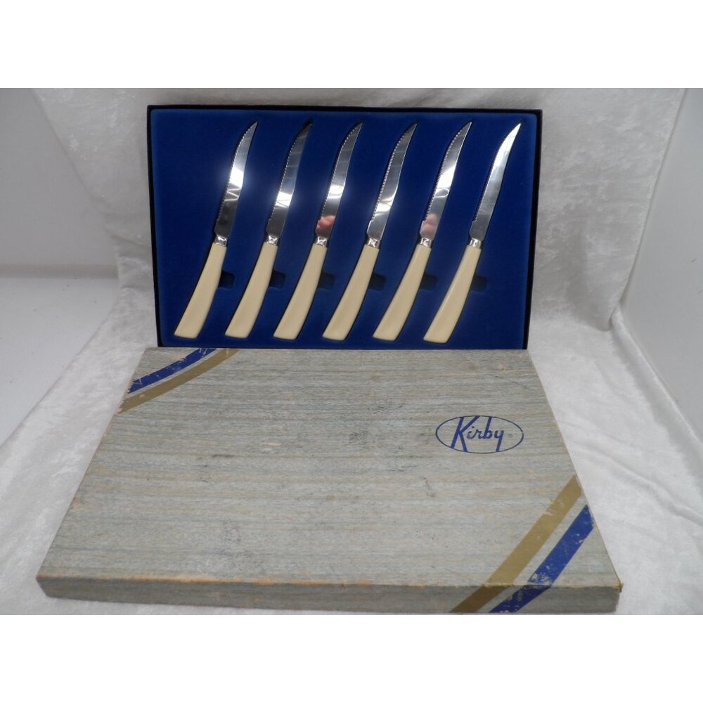 Vintage Kirby Quikuto Steak Knife Set 6pc Ivory Style Handles Stainless USA